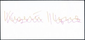 Keserü Ilona (1933-): Kalligrafikus aláírás (Saját kiállítása meghívójának hátoldalán). Filctoll, papír, jelzett...