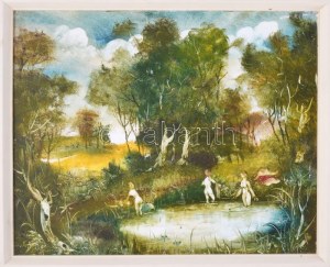 Szilágyi Imre (1942-): Fürdőző női aktok. Olaj, farost, jelezve jobbra lent. 40x50 cm. Fakeretben...