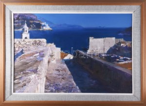 Papp Gábor (1936-): Dubrovnik. Olaj, fa, jelzett a hátoldalán. Hátoldalán Koszta József Galéria címkéjével. Keretben...