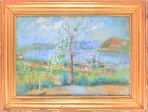 Mattioni Eszter (1902-1993): Virágzó fa, 1950-es évek. Olaj, vászon. Jelzett. Hátoldalán Képcsarnok Vállalat címkéjével...