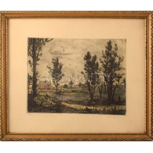 Gross Arnold (1929-2015): Árvíz utáni építkezés. Színezett rézkarc, papír, jelzett. 18,5x24 cm Üvegezett fakeretben...