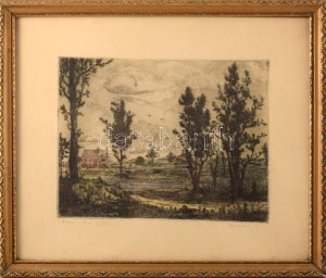 Gross Arnold (1929-2015): Árvíz utáni építkezés. Színezett rézkarc, papír, jelzett. 18,5x24 cm Üvegezett fakeretben...