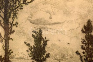 Gross Arnold (1929-2015): Árvíz utáni építkezés. Színezett rézkarc, papír, jelzett. 18,5x24 cm Üvegezett fakeretben...