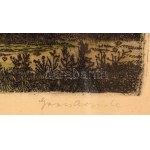 Gross Arnold (1929-2015): Árvíz utáni építkezés. Színezett rézkarc, papír, jelzett. 18,5x24 cm Üvegezett fakeretben...