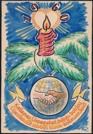 Kertes-Kollmann Jenő (1904-1974): Ünnepi-újévi rajz, 1960. Akvarell, tus, karton, jelzett. 15x10 cm...