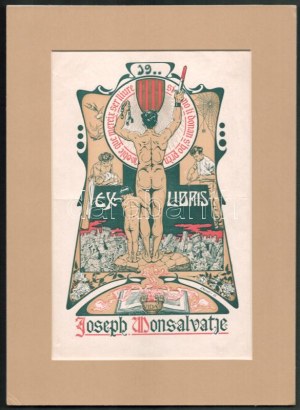 Renart, García Joaquim (1879 - 1961): Ex libris Jospeh Monsalvatje (szecessziós ex libris), 1903 körül. Színes nyomat...