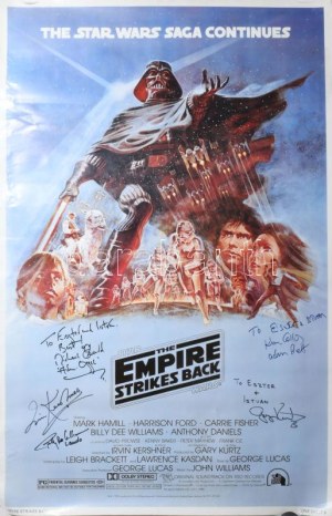 1993 Star Wars - The empire strikes back. Filmplakát számos autográf aláírással: Billy Dee Williams színész ...
