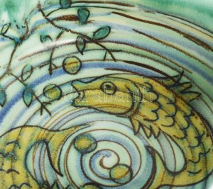 cca 1946, Gorka Géza (1895-1971), Zsolnay Manufaktúra: Halas tál. Kézzel festett, jelzett, hibátlan, d:18 cm /// c...