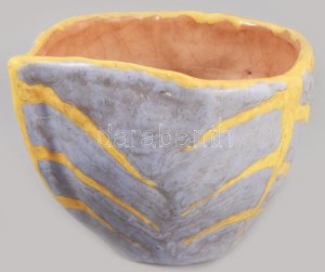 Gorka Lívia (1925-2011): Türkiz-sárga madaras váza, festett mázas kerámia, jelzett, hibátlan m: 12 cm, d: 14 cm...