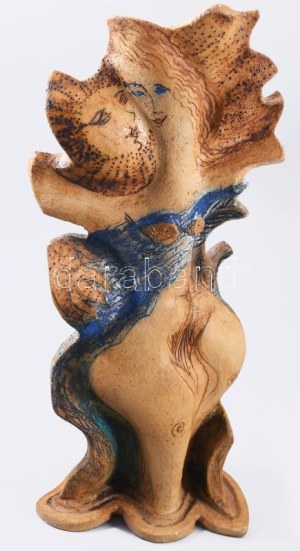 Tóvölgyi Katalin (1948) Váza. ölelkező alakokkal. Kézzel festett kerámia, jelzett, hibátlan 36 cm /// Katalin Tóvölgyi ...