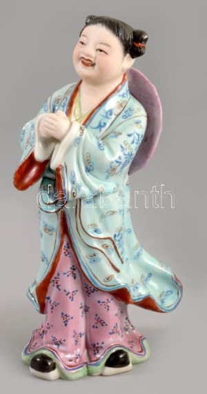 Kínai antik porcelán szobor. Kézzel festett, jelzett, apró mázhibával. 15 cm