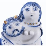 Zsolnay kisplasztika - Faun és asszonya. Formába öntött, kékkel festett és aranyozott porcelán. Török János (1932-1996...