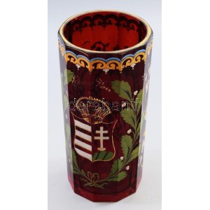 Nagyméretű biedermeier címeres emlékpohár. cca 1850/70, Parád, bíborpácolt, zománcfestett üveg...