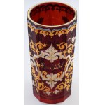 Nagyméretű biedermeier címeres emlékpohár. cca 1850/70, Parád, bíborpácolt, zománcfestett üveg...