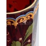 Nagyméretű biedermeier címeres emlékpohár. cca 1850/70, Parád, bíborpácolt, zománcfestett üveg...