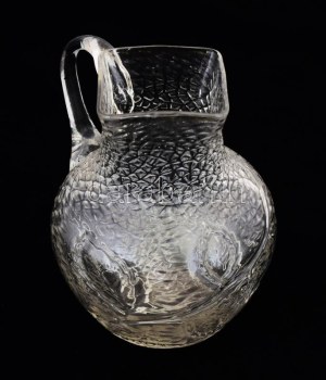 Pálinkakiöntő. Parád, cca 1900, dombornyomott hutaüveg, kis kopással, m: 12,5 cm /// Pálinka pourer. Parád, c. 1900...