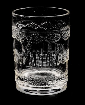 Gróf Andrássy Gyula arcképével és nevével díszített emlékpohár, jelzés nélkül, aljánál minimális pattogzással, m: 8 cm ...
