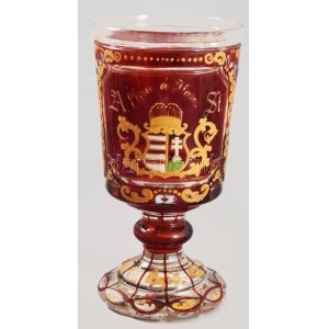 Nagyméretű biedermeier címeres emlékpohár. cca 1850/70, Parád, bíborpácolt, zománcfestett üveg...
