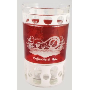 Biedermeier emlékpohár. XIX. sz. Überfangos, bíborpácolt, rajta a Szerencse, Egészség...