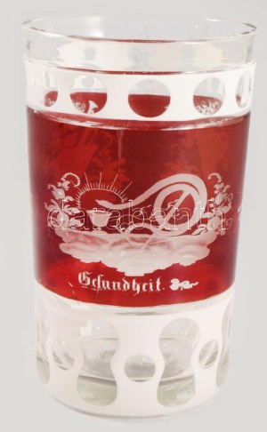 Biedermeier emlékpohár. XIX. sz. Überfangos, bíborpácolt, rajta a Szerencse, Egészség...