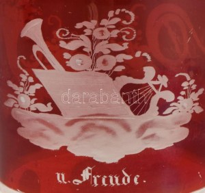 Biedermeier emlékpohár. XIX. sz. Überfangos, bíborpácolt, rajta a Szerencse, Egészség...