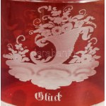 Biedermeier emlékpohár. XIX. sz. Überfangos, bíborpácolt, rajta a Szerencse, Egészség...