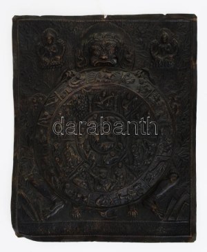 Antik tibeti réz fali zodiákus, horoszkóp, plasztikus fali dísz. 30x34 cm /// Antique Tibetan brass wall zodiac...