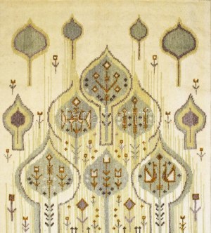 Németh Éva (1930-2019) textilművész: Nagyméretű faliszőttes pávákkal és virágos réttel. Hibátlan, 155x140 cm //...