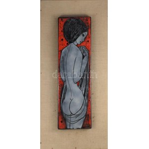Lőrincz Vitus (1933-): Akt hátulról. Tűzzománc, rézlemez 48x15 cm Háttér 68x30 cm