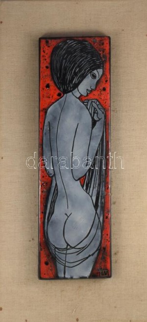 Lőrincz Vitus (1933-): Akt hátulról. Tűzzománc, rézlemez 48x15 cm Háttér 68x30 cm