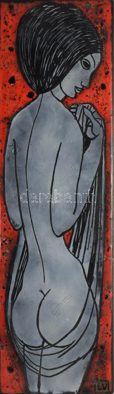 Lőrincz Vitus (1933-): Akt hátulról. Tűzzománc, rézlemez 48x15 cm Háttér 68x30 cm