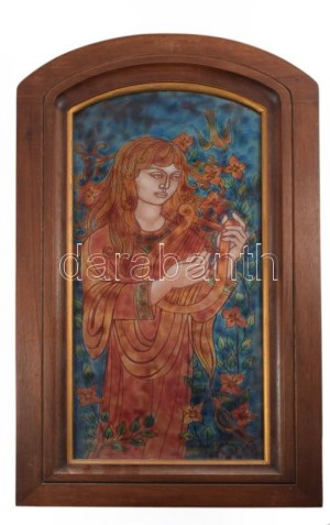Lőrincz Vitus (1933-): Lantos lány. Tűzzománc, rézlemez 48x20 cm Fa keretben., 58x33 cm Jelzett /// Vitus Lőrincz (1933...