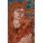 Lőrincz Vitus (1933-): Lantos lány. Tűzzománc, rézlemez 48x20 cm Fa keretben., 58x33 cm Jelzett /// Vitus Lőrincz (1933...
