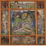 Fajka János (1935-2021): Falun. Ikonokhoz hasonló elrendezésű, 9 táblából összeálló tűzzománckép...