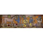 Fajka János (1935-2021): Falun. Ikonokhoz hasonló elrendezésű, 9 táblából összeálló tűzzománckép...