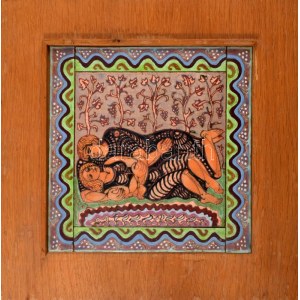Stefániay Edit (1936-): Szerelmesek. Tűzzománc kép, kissé hiányos fa táblán, jelzett a hátoldalon, 20x20 cm //...