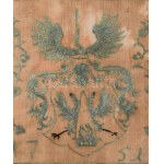 1751 Református úrasztali terítő címer- és állatábrázolással. 1751, Felső-Magyarország, üvegezett fakeretben...