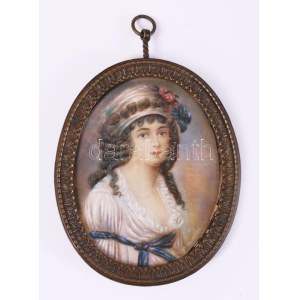 Miniatúra. Festett elefántcsont, XIX. sz. eleje. Réz keretben 6,5x8 cm Miniature. Painted ivory, early 19th century...