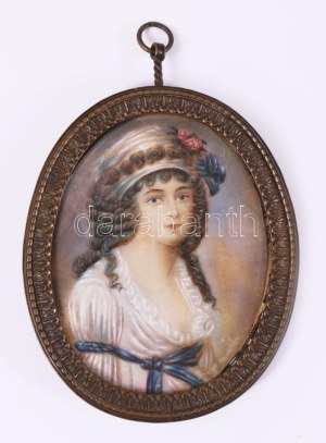 Miniatúra. Festett elefántcsont, XIX. sz. eleje. Réz keretben 6,5x8 cm Miniature. Painted ivory, early 19th century...