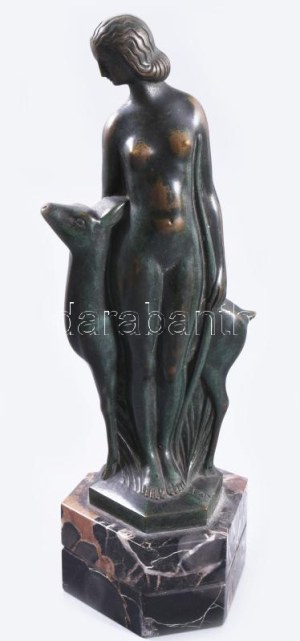 Liszkay Kováts Zoltán (1898-1967): Akt őzikével. Art deco patinázott bronz szobor, márvány talapzaton, cca 1930/40...