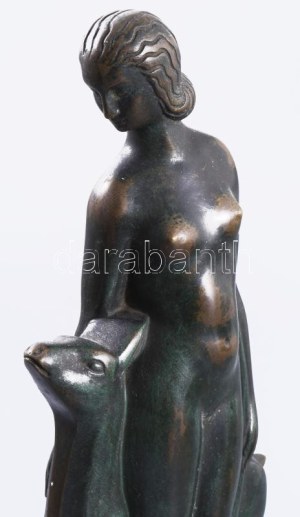 Liszkay Kováts Zoltán (1898-1967): Akt őzikével. Art deco patinázott bronz szobor, márvány talapzaton, cca 1930/40...