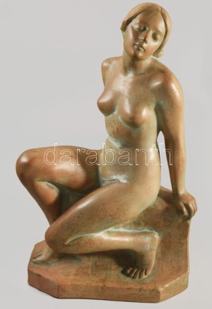 Gabay László (1897-1952): Art-deco térdelő női akt, mázas terrakotta, jelzett (Gabay), m: 40 cm / Art-deco nude...