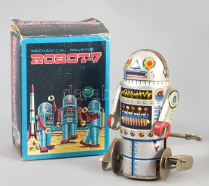 Noguchi Mechanical Walking Robot-7 lemezjáték. cca 1960/1970, Tajvan, fémlemez, felhúzós lemezjáték, eredeti dobozában...