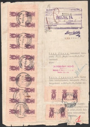 1945 Sokbélyeges illeték lerovás 5 lapon + pótlap, kb 350 bélyeggel