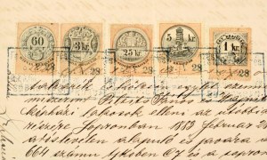 1880-1900 7 db magas, sokbélyeges, vegyes illetéklerovás, okmányon 1880-1900 7 high franking, multi...