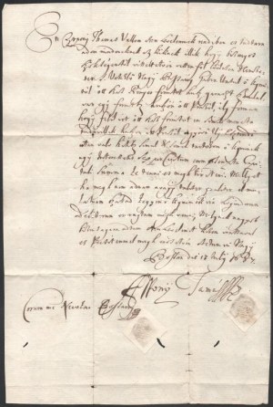 1684 Nagybossány (Velké Bossany, SK) Apponyi Tamás kötelezvénye Bossány Miklós úrtól vett kölcsönről...