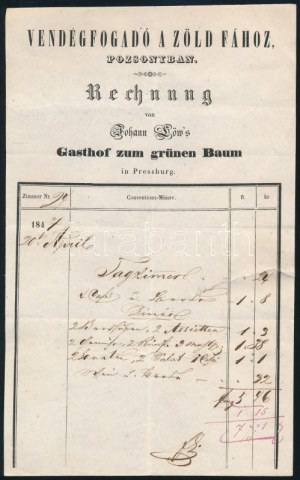 1847 A pozsonyi (Felvidék) Vendégfogadó a Zöld fához kitöltött napi számlája javítással