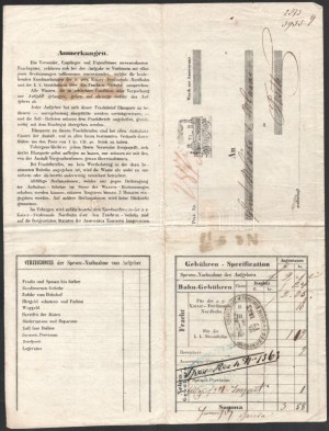 1853 Ausschl. Pr. Kaiser-Ferdinands-Nordbahn vasúti fuvarlevél