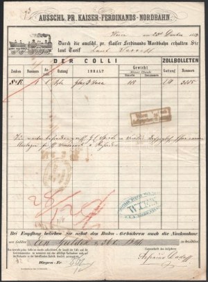 1853 Wien, Ausschl. Pr. Kaiser-Ferdinands-Nordbahn vasúti fuvarlevél