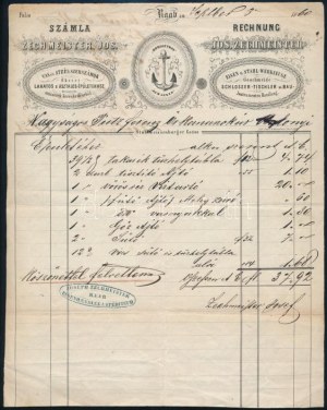 1860 Győr (Raab), Zechmeister Vas- és Acélszerszámok fejléces számla